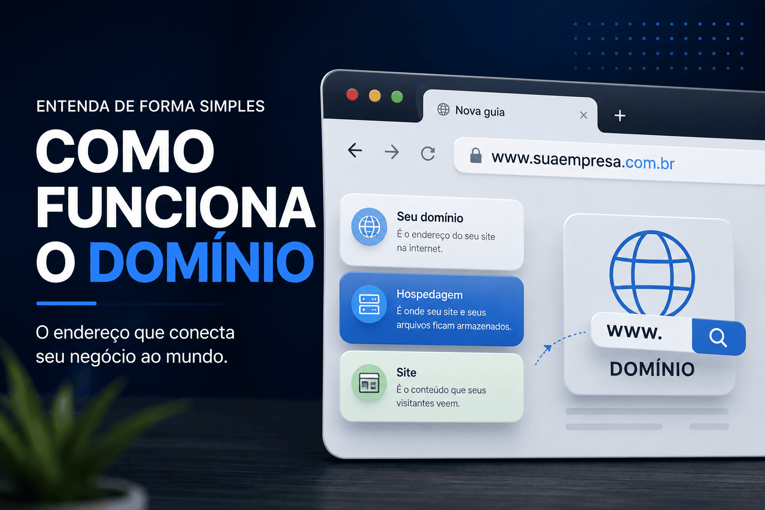 Imagem com fundo azulado e pagina exibindo exemplo de domínio de site
